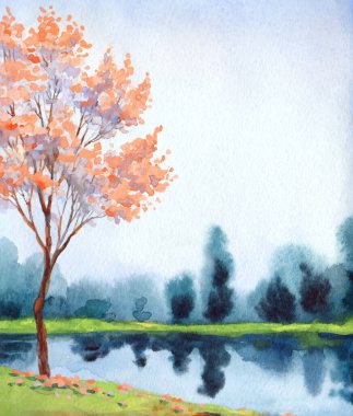 El yapımı, soyut Çinli ressam suluboya resim çizimi kâğıt metin arkaplanındaki bulanık sis sahnesi. El çizimi açık pembe renk kiraz ağacı sakin vadi kırsal manzaralı sanat eserleri