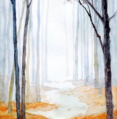 Elle çizilmiş ressam suluboya, sisli kağıt, metin arkaplanı. Siyah renk boya, buzlu kırmızı fırça tarzı sisli kırsal çalılık manzaralı. Sakin eski dal soluk avlu çizim sahne