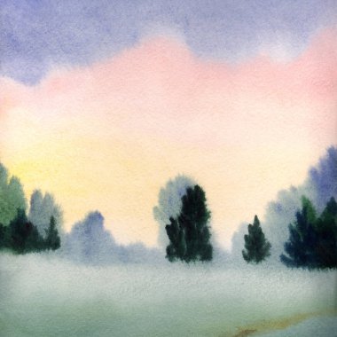 El çizimi açık renkli suluboya resim taslak su deresi deresi, gölet kıyısı yağmur sahnesi, kağıt metin arkaplanı. Pembe renk sakin sonbahar sisi duman çalılık ağaçlık bitki izi kırsal manzara