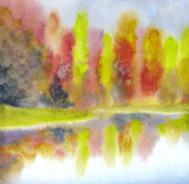 Canlı bir el çizimi akvaryum taze kavak çamı sisi sahne kağıdı metin alanı arkaplanı. Parlak kırmızı turuncu el işi çimenleri çalıları çalıları serin hava günü manzaralı dere kıyısı kırsal manzarası