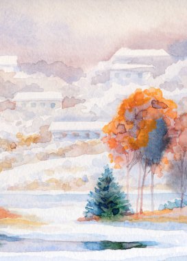 El çizimi sanat eseri serin yeni yıl sis bulutlu gün sahnesi. Açık beyaz kart arka plan eski tarz. Parlak renk eski çalı ormanı buz gibi soğuk sakin gölet göleti kıyısı manzarası