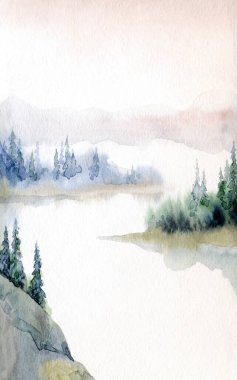 Açık kağıda elle çizilmiş suluboya resim. Yazı uzayı. Taze taiga tarlası çalılığı. Çalı bitkisi, kayalık arazi. Sessiz bulutlu sonbahar hayatı eski Alp Slope Park sanat eserleri sahnesi. Pond Creek Körfezi manzaralı