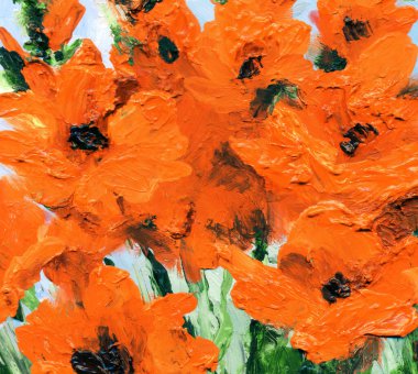 Kırsal retro malva sanat eseri manzarası. Canlı el çizimi akrilik boya yetişen bitkiler. Modern kanva kart tasarımı tarzı. Parlak turuncu renkli taze zambak tomurcuklanmış bitkisel tarla sahnesi