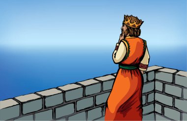 Retro korku Tanrı sanat çizimi üzgün üzgün asil Lord endişeli beklemek savaş sorunları sürpriz izlemek. Ünlü Yahudi tacı kahraman saltanatı hikayesi Doğu Avrupa 'nın taştan kale çatısı gökyüzü bile