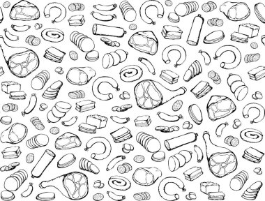 Yağsız domuz yağı, domuz budu, pirzola, bıçak, aperatif, beyaz arka plan. Kırmızı çizgi çizili natur buğulama kuzu eti sosis sosis, pirzola dükkânı öğle yemeği menüsü simge retro resim tasarımı tasarımı