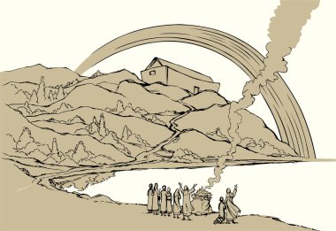 Vektör çizimi. Nuh, Tanrı 'ya kurban sunuyor.