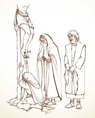 Vektör çizimi. Çarmıhın dibinde ağlayan bir kadın