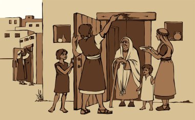 Vektör çizimi. Aile, Tanrı 'nın buyruğunu yerine getirir. Kuzu kanıyla kapı direklerini mesheder