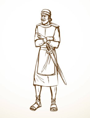 Geçmiş orta doğu üzgün Arap kraliyet kralı David tanrı kahraman zafer kazandı. Kara El beyaz Asyalı Yahudi çapraz savaş saldırısını düşünüyor. Kılıç savaşı, İran giysisi, İncil 'e ait eski hikaye sanatı.