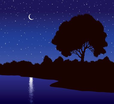 Eski meşe ağacı seyahat akçaağacı ahşap bahçe sahnesi İsrail İncili sanat çizimi dere deresi sahil plajı. Yıldızlı ışık, mavi cennet, ay ışığı, tarla, vadi manzarası, metin alanı.