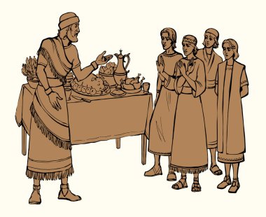 Vektör çizimi. Daniel ve arkadaşları kralın yemeğini reddediyor.