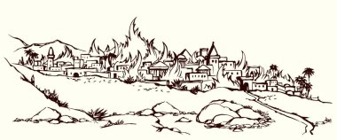 Vektör çizimi. Şehirde yangın var.