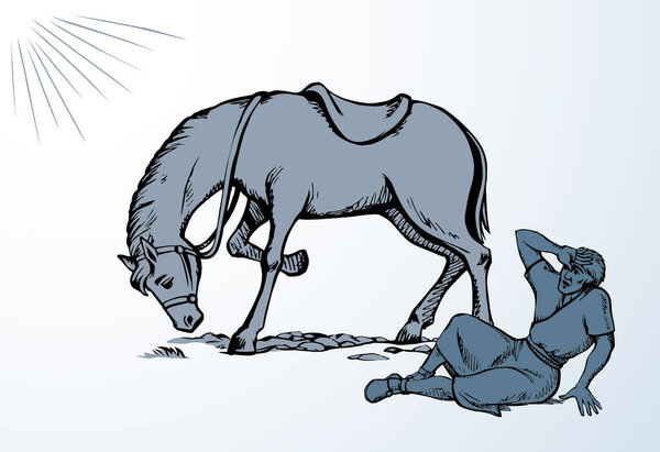 Векторный рисунок. Человек падает с лошади.