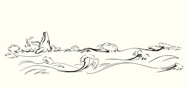 Cute aqua old giant sperm minke fin foam view light sky text space backdrop. black ink pen outline hand drawn big huge deep clear storm biology life eat fauna icon sign logo emblem design art style