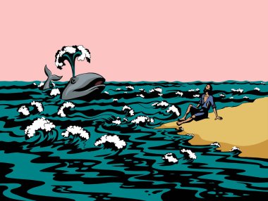 Old lone 1 jew male guy hope save life swim wild giant big marine beast open jaw mouth help israel human alive symbol. Retro pray jewish god biblic miracl story cartoon hand drawn sketch art white sky