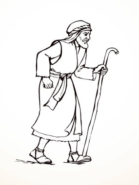 Yetişkin bilge, orta yaşlı erkek Yahudi, beyaz bornoz, baston görünümlü İsrail elbisesi giyer. El çizimi siyah retro müslüman uae uae hindi çöl adam Paul dua Tanrı İsa Mesih inancı yol inanış İslam sanat yolu