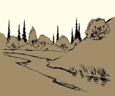 Eski montaj ana hatları siyah mürekkep kalem el çizilmiş sonbahar dale yamaç yol yolu meşe çalıları sahne resmi eski resim kağıt tarzı. Sanatçı kalem satırı bile sahil sazlığı metin alanı sanat arkaplanı