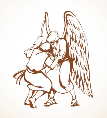 İki yahudi insan dua kolu yarışması kazanır. Dua et de ordu kahramanı beyaz gökyüzü mesaj uzayı kazansın. Koyu siyah çizgi çizilmiş Yahudi rakibi oyun kaslarına karşı gardiyan kavramı simgesi eski antik çağ eskizi sanat stili.