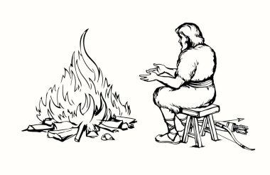 Vektör çizimi. Yaşlı adam ateşin yanında kendini ısıtıyor.