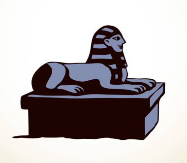 Altın mistik oyma aslan adam maskesi izole edilmiş beyaz çöl kum nekropolü gökyüzü metin uzayına bakıyor. Çizgi siyah el çizilmiş efsane rock tanrısı logosu piktogram retro sanatçı karalama karikatür tarzı