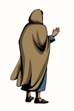 Baş haham, baş öğretmen Peter, beyaz insan tanrısı inanç hikayesi sanatı hakkında vaaz veriyor. Orta Doğu Asyalı bornoz giysisi kadın bedevi kız Mary eli arkadan çekilmiş kol arkasına bak kurşun kurşun gibi ağla