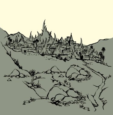 Vektör çizimi. Şehirde yangın var.