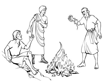 Yaşlı Yahudi namaz kılığına gir, Tanrı 'ya dua et ölü, vahşi, sürüngen dişleri öldür, kol kavgası yap, sıcak, beyaz, deniz kıyısındaki vahşi yaşam sahil kampında öl. İsrailli yahudi adam inanç hikayesi eskizini çizdi.