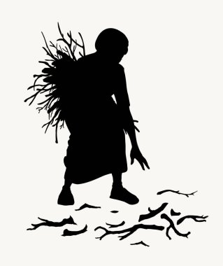 Vektör çizimi. Odun toplayan kadın