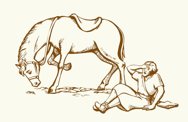 Vector drawing. A man fall from the horse