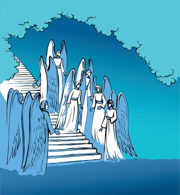 Vektör çizimi. Cennete giden merdivenlerdeki melekler