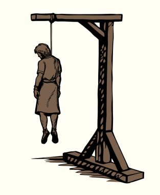 Genç, ölümcül hapishane hayatı. Zavallı adamın beyaz gökyüzü problemi. Koyu siyah çizgili el çizimi korkunç stres insan vücudu boyun kayması ahşap düğüm şeytan düğümü işaret simgesi geçmişe savaş konsepti
