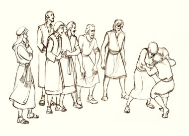 Yetişkin yaştaki müslüman insan muhafız figürü arkadaşınla buluş Yahudi gibi konuş öfkeli Yahudi etnik adamı izle kazanan Hristiyanlığın zafer retro incil öyküsünü kazan