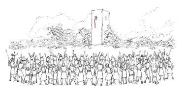 Retro past age Israeli century east nation male human Rahab scene. Black line hand drawn holy faith Jew Hebrew knight prayer Joshua shout trumpet break down pray god miracl sound stone ruin art sketch