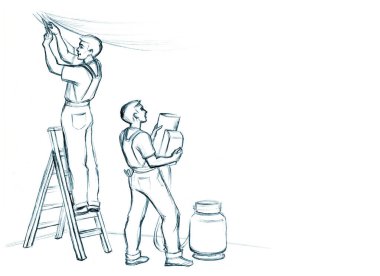 Male human decorator build up trowel brush new set white vinyl paint. Line black pencil hand drawn indoor hold gas fix skill labor renew remove icon sign symbol sketch modern cartoon graphic art style