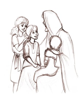 Yetişkin Yahudi, gel ve Tanrı 'ya kollarını tutmasını, dinlenmesini, gülümsemesini söyle. Sanat eskizi çizilmiş kutsal Yahudi umudu neşe dolu yüzler tanrı inancı eski İbrani kilise dini hikayeleri