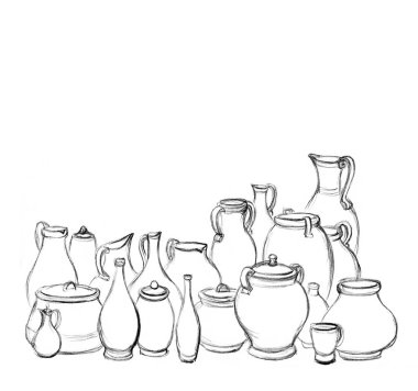 Yakın çekim İncil grubu bir sürü boş kırsal şarap şişesi bardak seti. Kırsal toprak yiyeceği, çamur sütü kavanozu, el işi, İncil 'de geçen sanatçının yetenek sembolü, hatıra ürünü.