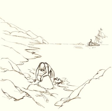 Yaşlı, yalnız, erkek, taş gibi kumlu, risk taşıyan bir yelkenli kadın nehir gölü, beyaz gökyüzü. Geriye sadece canlı kalan İsrailli denizci yüzücü, İncil 'de anlatılan eskiz sanatına yardım etmesi için dua ediyor.