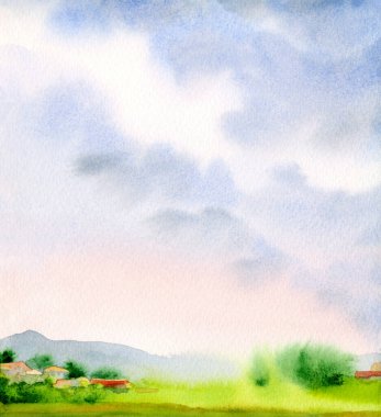 Hand drawn bright paint artwork sunny heaven scene sketch text space white paper backdrop. Light calm old europe travel hill land green grass lawn bush fir plant fall mist abstract artist scenic view