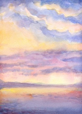 Hand drawn paint quiet calm beach shore fresh sun glare white light dawn heaven horizon view scene. Paper card text space retro sketch style design blue violet acryl color pond rain mount view picture