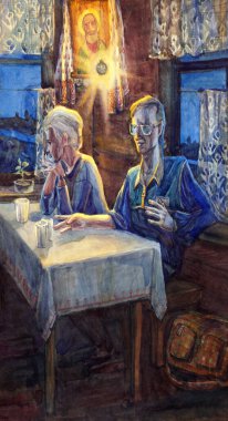 2 poor human sad lady look male guy guest talk bore love toast eat meal food cup wooden hut seat light lamp dark dusk sky Hand draw adult young marry pair sit relax think even night retro graphic art 