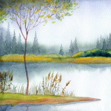 El çizimi açık renkli suluboya resim çizimi. Kağıt arkaplan arkaplan metni üzerine. Gri renk, sakin, kırsal çayır, sis dumanı, deniz manzarası. Çalılık bitkisi parkı. Haze White Creek Körfezi sahnesi