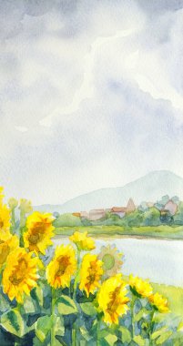 El çizimi parlak sanat eserleri sıcak köy şehrini boyarken cennet sahnesi beyaz kağıt metin alanı çiz. Açık mavi renk sakin paskalya çalı yiyecek bitki tepesi çayır göleti deniz manzarası