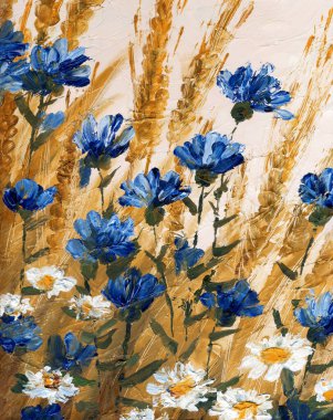 El çizimi hafif boya ressamı köy bahçesi çizimi arazi mavisi çimen filizi bitki örtüsü olay yeri bulut metin alanı. Kuru, olgun, yabani çalı yulafı, çavdar tohumu, ekin tohumu, resim sezonu manzaralı kart manzarası.