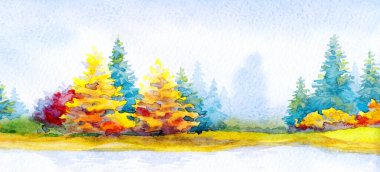 Canlı bir el çizimi akvaryum taze çimen güzellik sahnesi kağıt metin arkaplanı. Parlak kırmızı turuncu renkli boya çalılık sakin, serin hava günü. Manzaralı dere körfezi sahili kırsal arazi manzarası