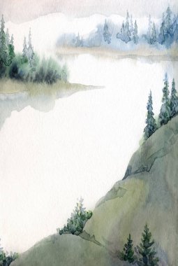 Açık kağıda elle çizilmiş suluboya resim. Yazı uzayı. Taze taiga tarlası çalılığı. Çalı bitkisi, kayalık arazi. Sessiz bulutlu sonbahar hayatı eski Alp Slope Park sanat eserleri sahnesi. Pond Creek Körfezi manzaralı