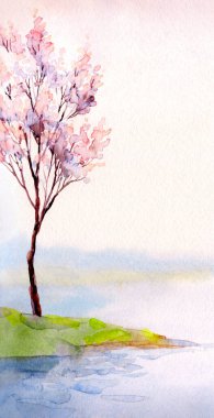 El yapımı soyut ressam suluboya çizimi kağıttan arka planda bulutlu deniz kıyısı sahnesi. El çizimi açık pembe renkte çiçek çalı sakin vadi kırsal manzaralı sanat kartı