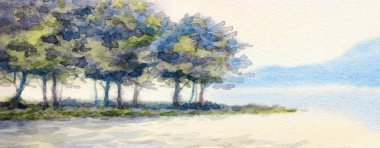 El yapımı parlak pembe suluboya resim çizimi, arka plan kağıdının arka planındaki bulanık manzara. El çizimi açık renkli bulutlu cennet. Sakin Sis Vadisi Parkı Rıhtım Sanat Manzarası