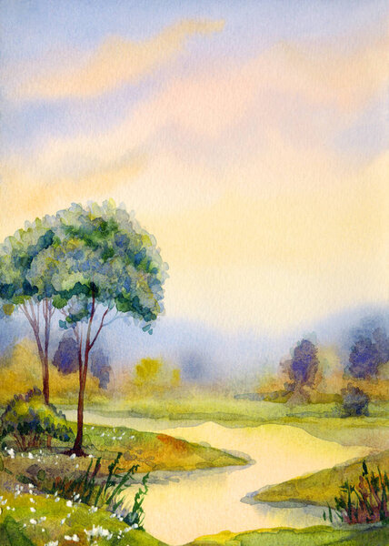 Ручной работы ярко-розовый акварельный рисунок рисунок тихий горизонт оврага тумана вид сцены на бумажном фоне пространство для текста. Ручной рисунок светло-желтого цвета дождливый закат неба над спокойной дикой долине парка