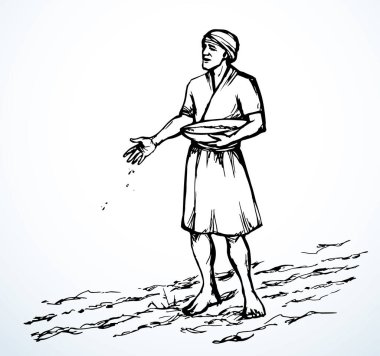Vektör çizimi. Buğday eken bir adam.