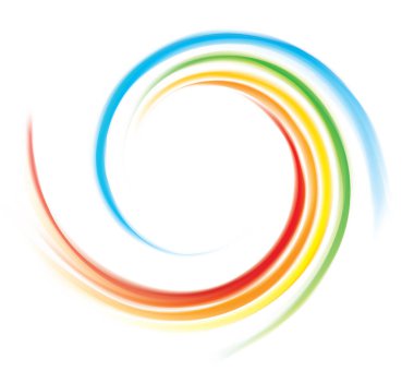 Creative eddy festival happy surface of vivid multi colored glossy curled spraying rippled ring. Yellow, green, blue, red, orange gamut stripes. Closeup view with space for text in glowing white center